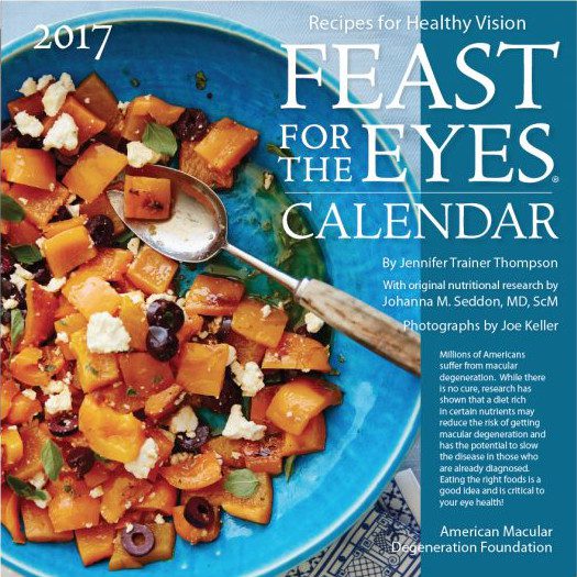 Feast for the Eyes calendar cover. White text on blue background with image of a blue bowl with an orange squash meal.