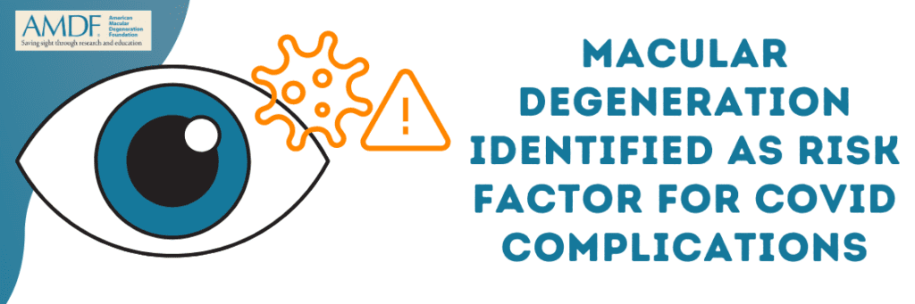 Simple graphic title header image with illustrated eye, overlaid with orange outline of COVID virus and orange warning sign. Text that reads: "Macular Degeneration Identified as Risk Factor for Covid Complications". Logo for The American Macular Degeneration Foundation in upper left corner.