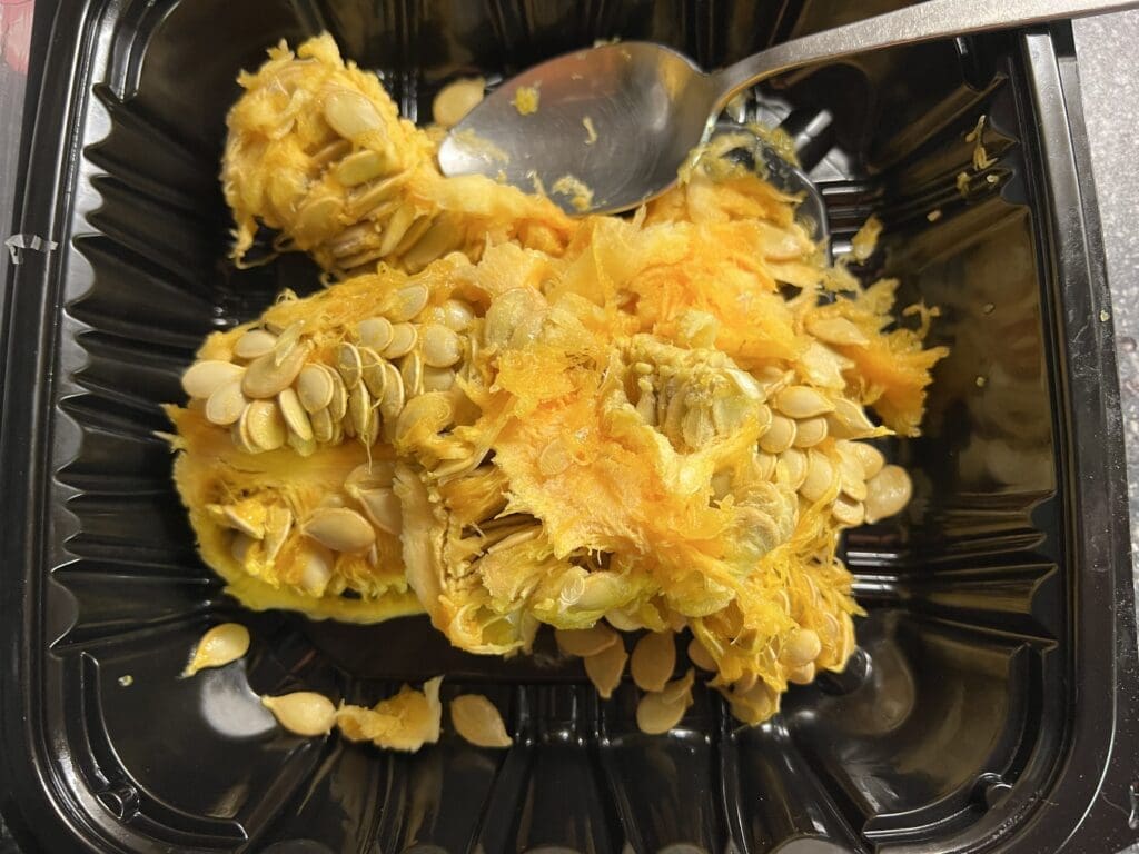 Pumpkin seeds and pulp in a black plastic dish, with spoon.