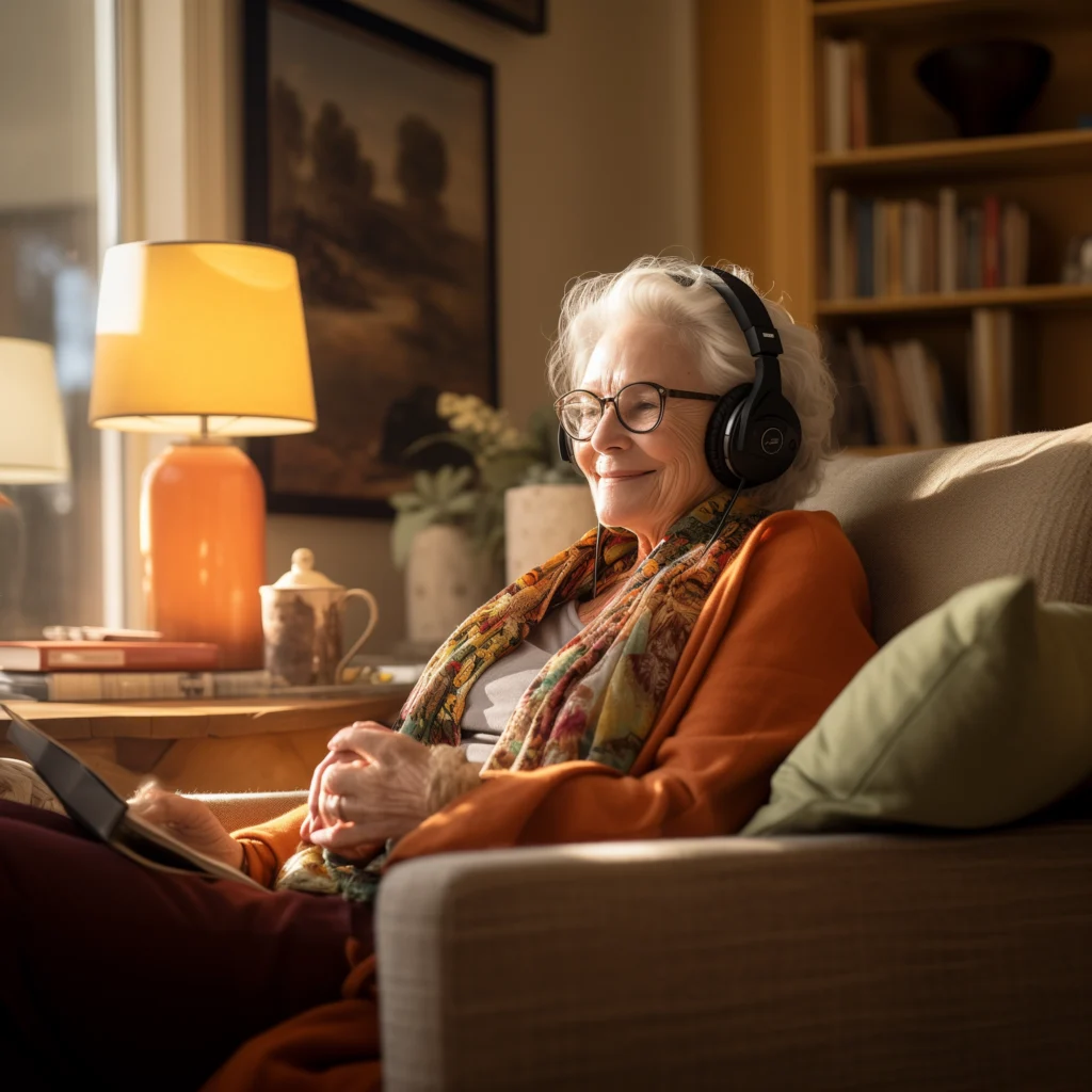 Elderly woman with glasses sitting in a cozy chair and wearing headphones. 