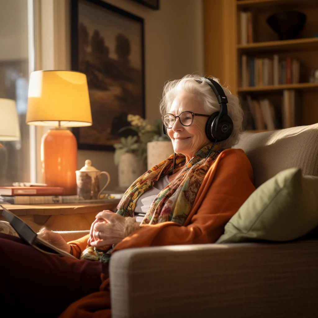 Elderly woman with glasses sitting in a cozy chair and wearing headphones. Elderly woman with glasses sitting in a cozy chair and wearing headphones.