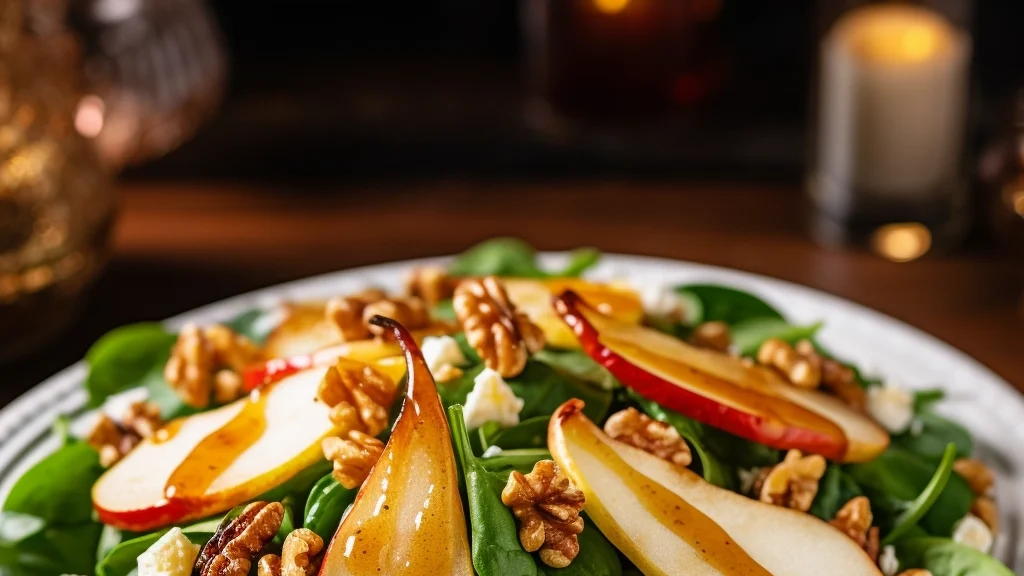 Baby spinach salad with roasted pears and walnuts.