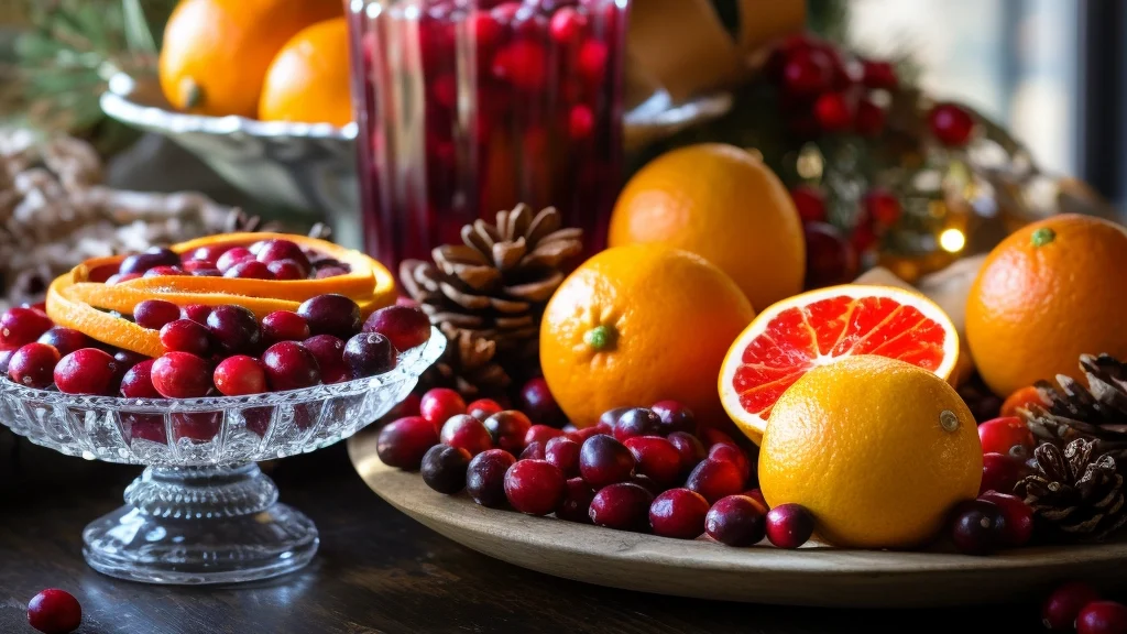 Cranberries and oranges on festive holiday table.