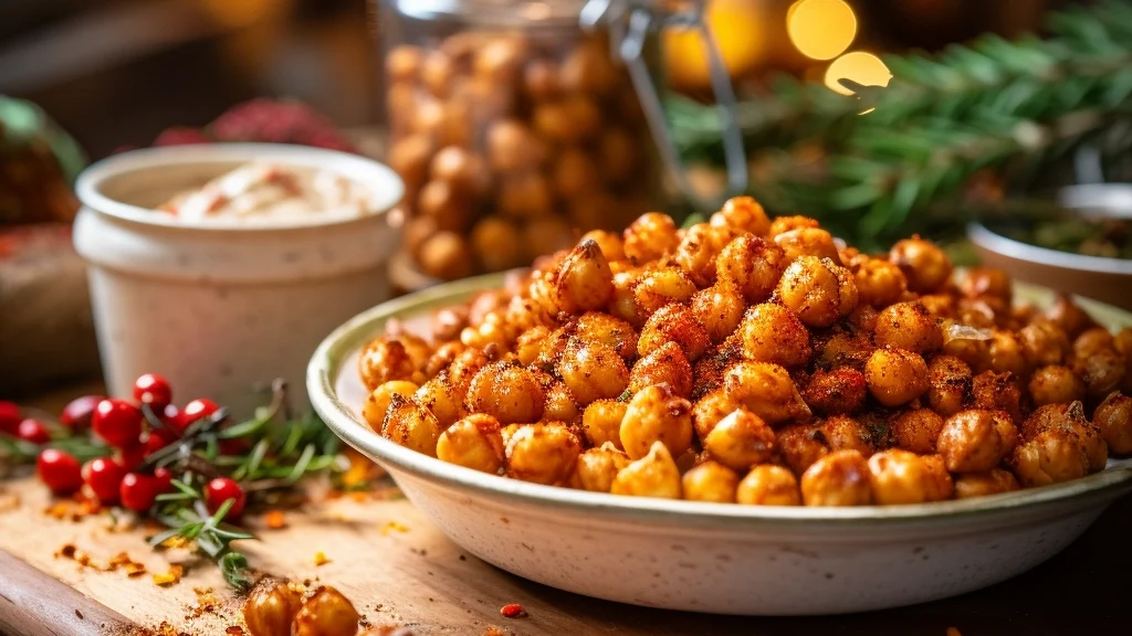 Seasoned chickpeas in bowl on table with various other ingredients.