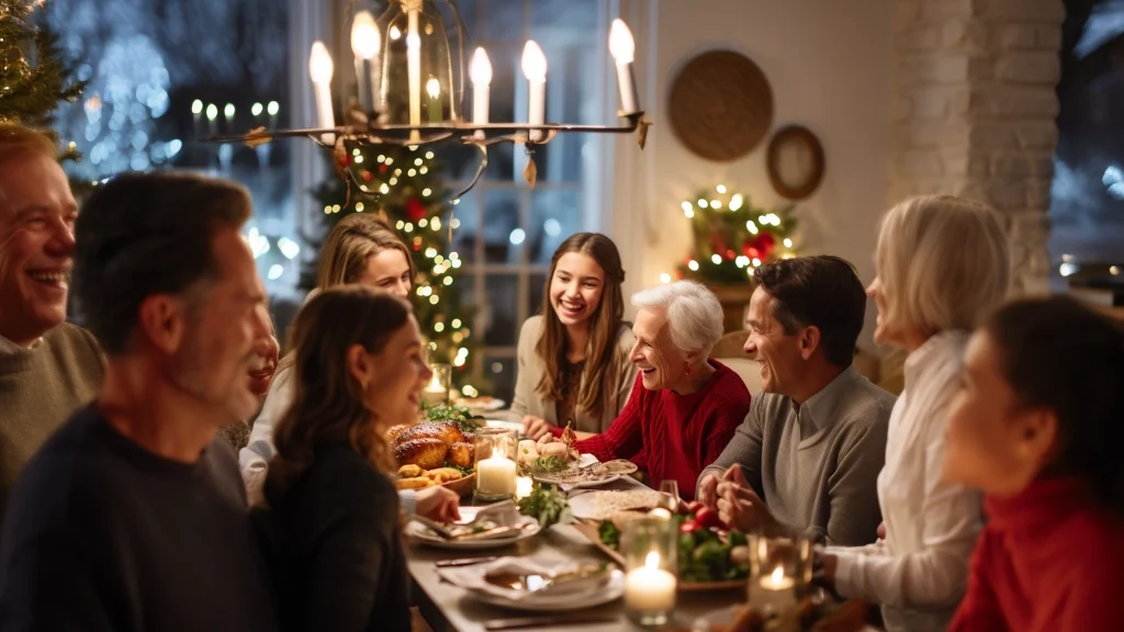 Multi-generational holiday dinner gathering.
