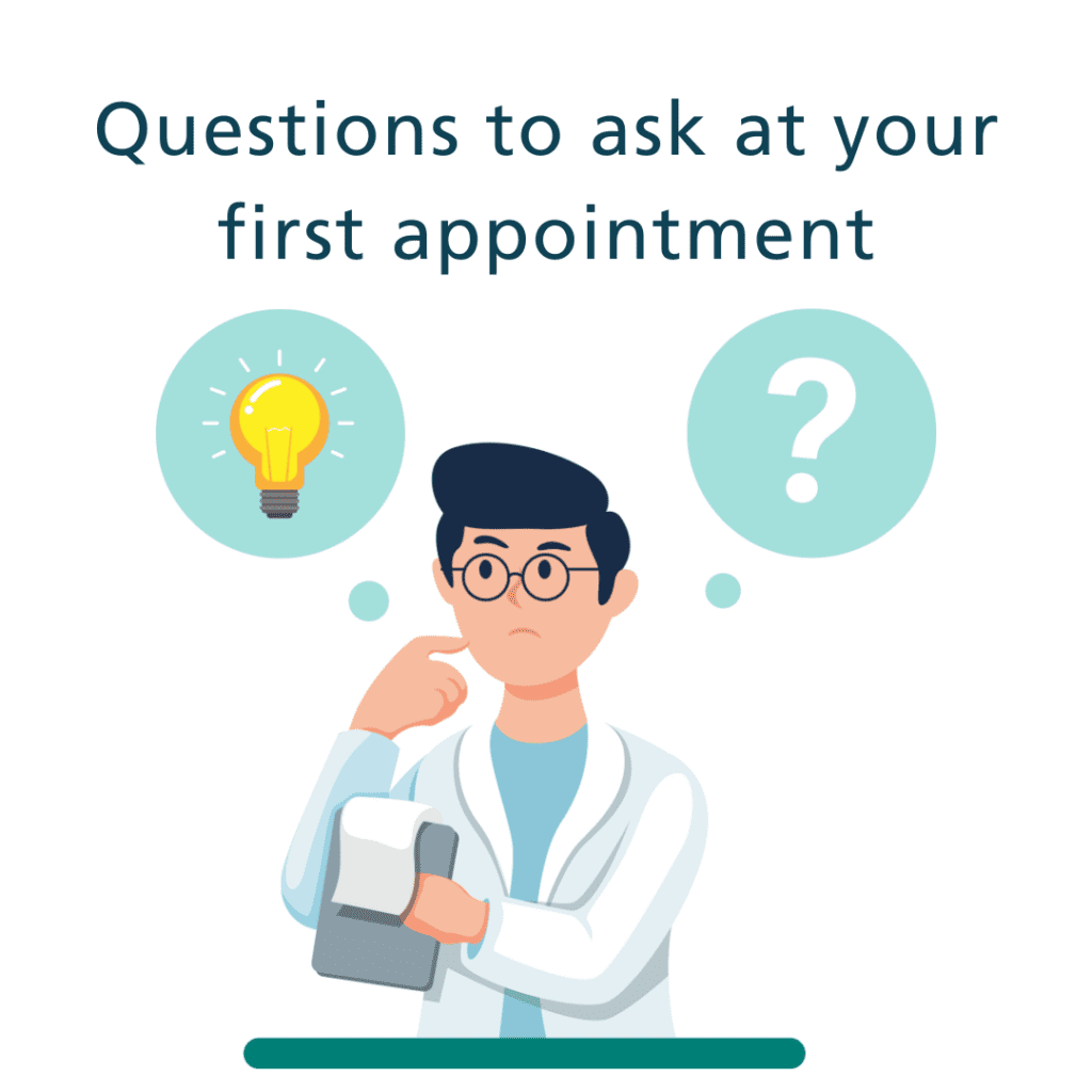 Illustration of male macular degeneration eye doctor with glasses holding clipboard and looking up. Thought bubbles show a lightbulb and a question mark. Text above reads, "questions to ask at your first appointment".