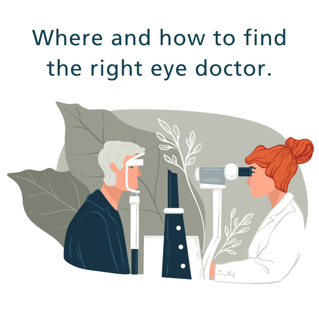 Illustration of a female eye doctor with red hair conducting eye exam on male macular degeneration patient using equipment. Text above illustration reads, "Where and how to find the right eye doctor".