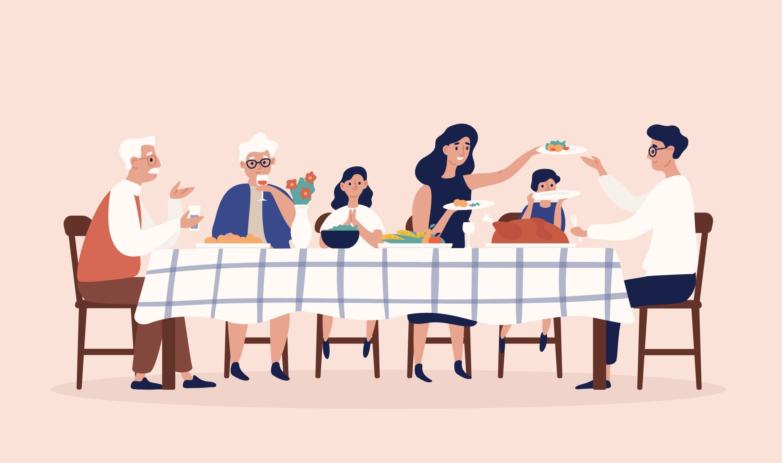 Happy people sitting at table, eating holiday meals, drinking wine and talking to each other. Family Christmas or Thanksgiving dinner or supper. Colorful vector illustration in flat cartoon style