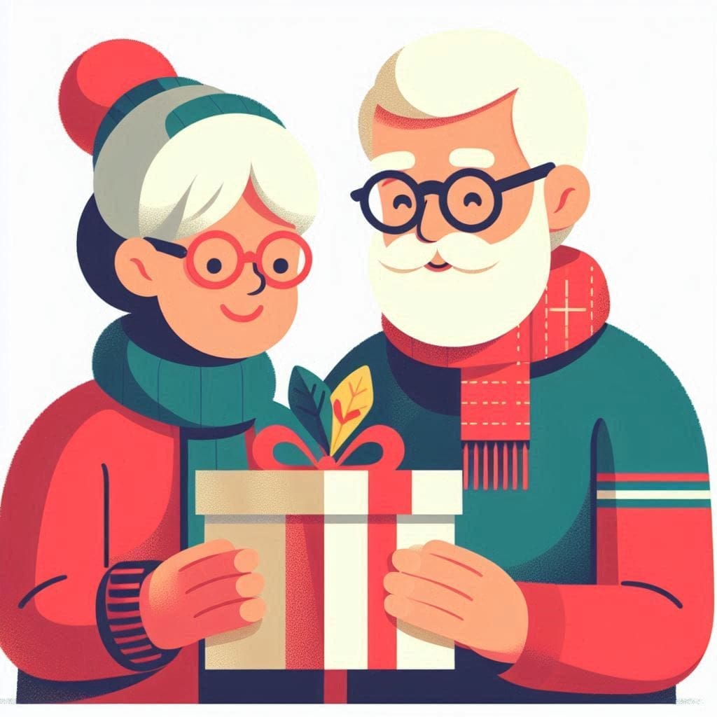 Illustration of a white elderly woman with glasses and a white elderly man with glasses and a white beard exchanging a gift. Each are wearing scarves and sweaters.